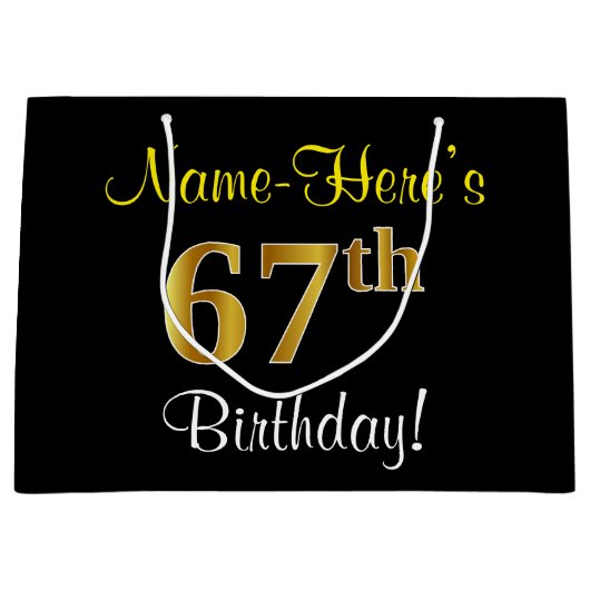エレガント黒、フェイク金ゴールド67番目の誕生日+名前 ラージペーパーバッグ (正面)