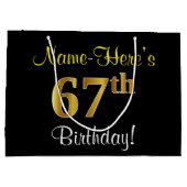 エレガント黒、フェイク金ゴールド67番目の誕生日+名前 ラージペーパーバッグ (裏面)