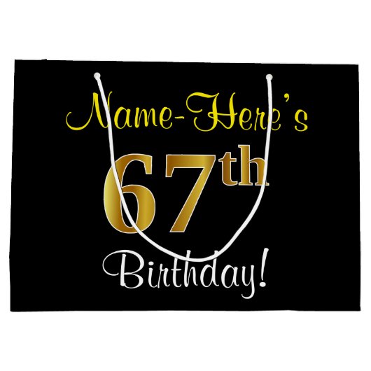 エレガント黒、フェイク金ゴールド67番目の誕生日+名前 ラージペーパーバッグ (裏面)
