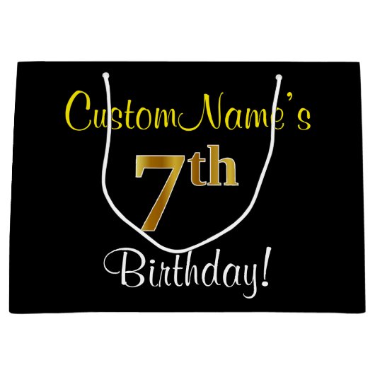 エレガント黒、フェイク金ゴールド7番目の誕生日+名前 ラージペーパーバッグ (正面)