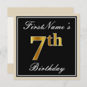 エレガント黒、フェイク金ゴールド7番目の誕生日+名前 招待状 (正面/裏面)