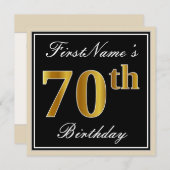 エレガント黒、フェイク金ゴールド70番目の誕生日+名前 招待状 (正面/裏面)