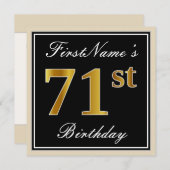 エレガント黒、フェイク金ゴールド71番目の誕生日+名前 招待状 (正面/裏面)