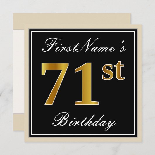 エレガント黒、フェイク金ゴールド71番目の誕生日+名前 招待状 (正面/裏面)