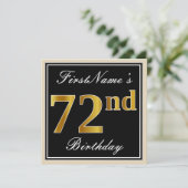 エレガント黒、フェイク金ゴールド72番目の誕生日+名前 招待状 (スタンド正面)