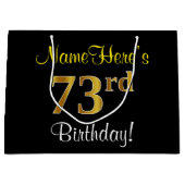 エレガント黒、フェイク金ゴールド73番目の誕生日+名前 ラージペーパーバッグ (正面)
