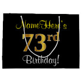 エレガント黒、フェイク金ゴールド73番目の誕生日+名前 ラージペーパーバッグ (裏面)