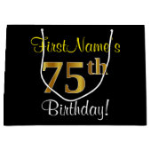 エレガント黒、フェイク金ゴールド75番目の誕生日+名前 ラージペーパーバッグ (正面)
