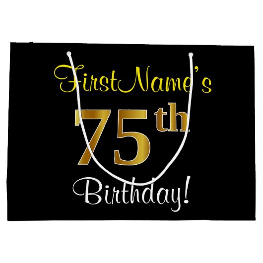 エレガント黒、フェイク金ゴールド75番目の誕生日+名前 ラージペーパーバッグ (裏面)