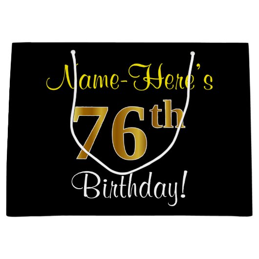 エレガント黒、フェイク金ゴールド76番目の誕生日+名前 ラージペーパーバッグ (正面)