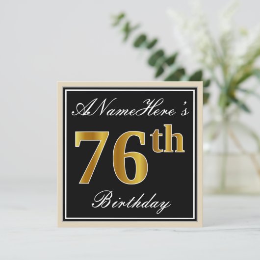 エレガント黒、フェイク金ゴールド76番目の誕生日+名前 招待状 (スタンド正面)