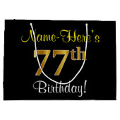 エレガント黒、フェイク金ゴールド77番目の誕生日+名前 ラージペーパーバッグ (裏面)