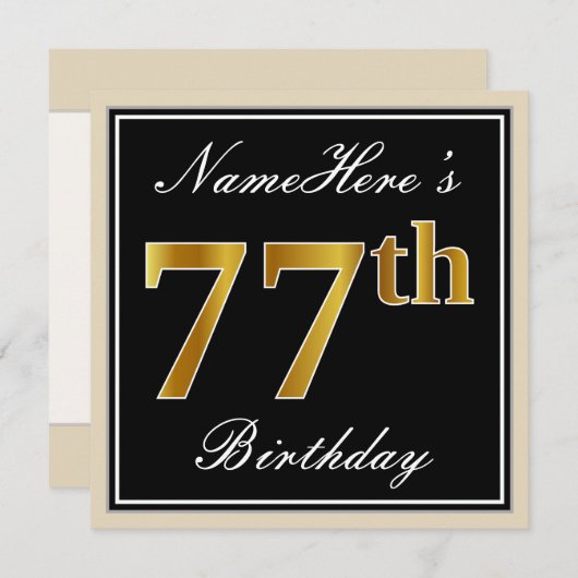 エレガント黒、フェイク金ゴールド77番目の誕生日+名前 招待状 (正面/裏面)