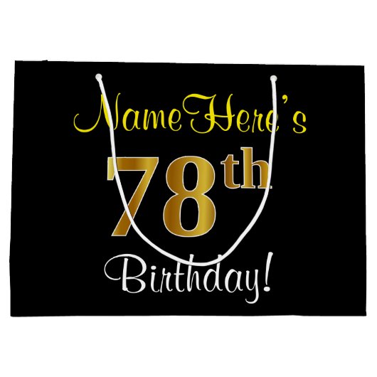 エレガント黒、フェイク金ゴールド78番目の誕生日+名前 ラージペーパーバッグ (裏面)