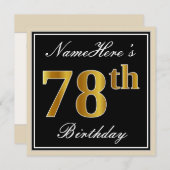 エレガント黒、フェイク金ゴールド78番目の誕生日+名前 招待状 (正面/裏面)