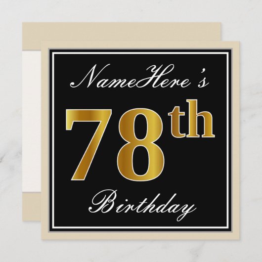 エレガント黒、フェイク金ゴールド78番目の誕生日+名前 招待状 (正面/裏面)