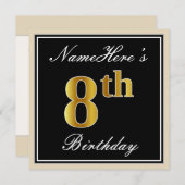 エレガント黒、フェイク金ゴールド8番目の誕生日+名前 招待状 (正面/裏面)