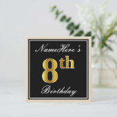 エレガント黒、フェイク金ゴールド8番目の誕生日+名前 招待状 (スタンド正面)