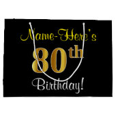 エレガント黒、フェイク金ゴールド80番目の誕生日+名前 ラージペーパーバッグ (裏面)