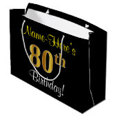 エレガント黒、フェイク金ゴールド80番目の誕生日+名前 ラージペーパーバッグ (裏面アングル)