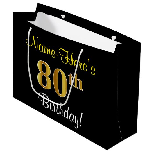 エレガント黒、フェイク金ゴールド80番目の誕生日+名前 ラージペーパーバッグ (正面アングル)