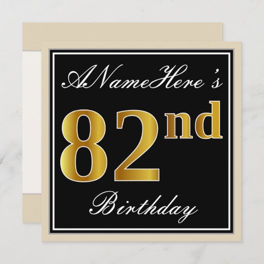 エレガント黒、フェイク金ゴールド82番目の誕生日+名前 招待状 (正面/裏面)