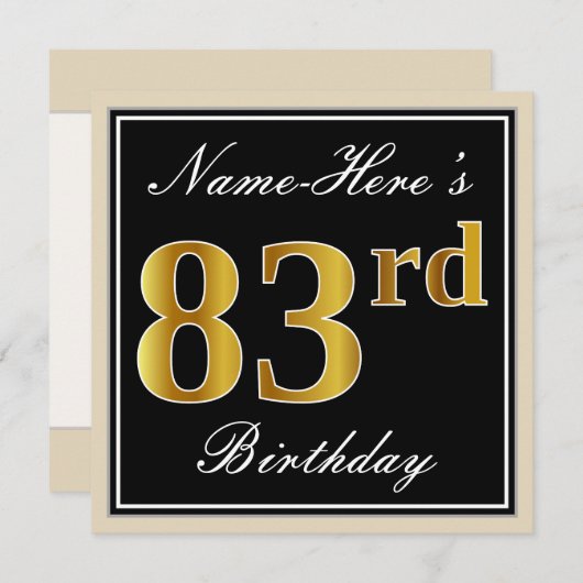 エレガント黒、フェイク金ゴールド83番目の誕生日+名前 招待状 (正面/裏面)