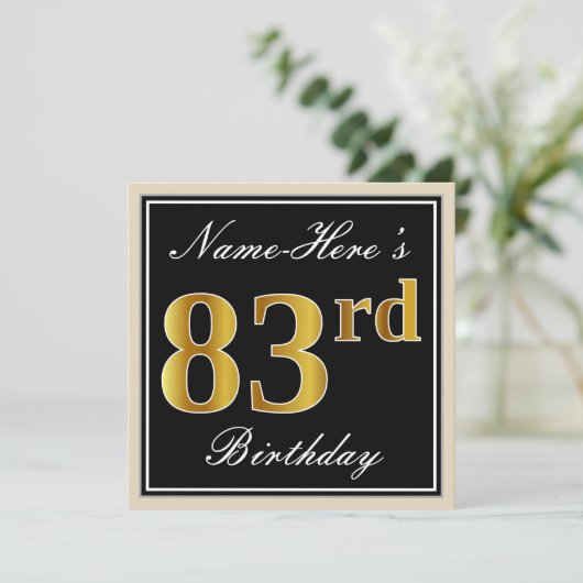 エレガント黒、フェイク金ゴールド83番目の誕生日+名前 招待状 (スタンド正面)