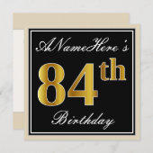 エレガント黒、フェイク金ゴールド84番目の誕生日+名前 招待状 (正面/裏面)