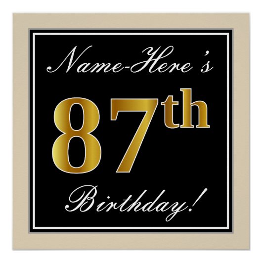 エレガント黒、フェイク金ゴールド87番目の誕生日+名前 ポスター (正面)