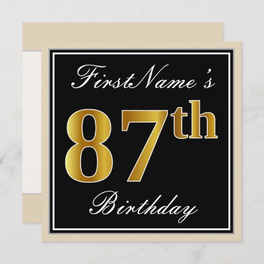 エレガント黒、フェイク金ゴールド87番目の誕生日+名前 招待状 (正面/裏面)