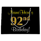 エレガント黒、フェイク金ゴールド92番目の誕生日+名前 ラージペーパーバッグ (正面)
