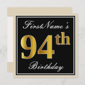 エレガント黒、フェイク金ゴールド94番目の誕生日+名前 招待状 (正面/裏面)