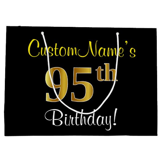 エレガント黒、フェイク金ゴールド95番目の誕生日+名前 ラージペーパーバッグ (裏面)