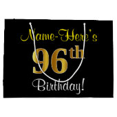 エレガント黒、フェイク金ゴールド96番目の誕生日+名前 ラージペーパーバッグ (裏面)