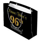 エレガント黒、フェイク金ゴールド96番目の誕生日+名前 ラージペーパーバッグ (裏面アングル)