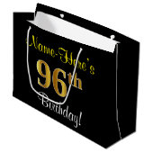エレガント黒、フェイク金ゴールド96番目の誕生日+名前 ラージペーパーバッグ (正面アングル)