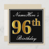 エレガント黒、フェイク金ゴールド96番目の誕生日+名前 招待状 (正面/裏面)