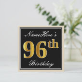 エレガント黒、フェイク金ゴールド96番目の誕生日+名前 招待状 (スタンド正面)