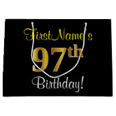 エレガント黒、フェイク金ゴールド97番目の誕生日+名前 ラージペーパーバッグ (正面)