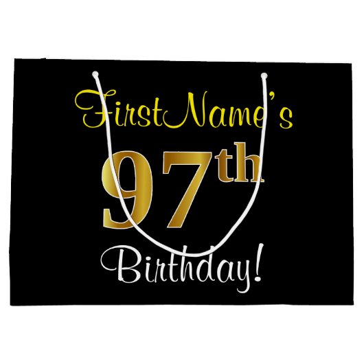 エレガント黒、フェイク金ゴールド97番目の誕生日+名前 ラージペーパーバッグ (裏面)