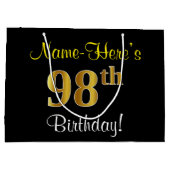 エレガント黒、フェイク金ゴールド98番目の誕生日+名前 ラージペーパーバッグ (裏面)