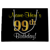 エレガント黒、フェイク金ゴールド99番目の誕生日+名前 ラージペーパーバッグ (正面)