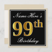 エレガント黒、フェイク金ゴールド99番目の誕生日+名前 招待状 (正面/裏面)