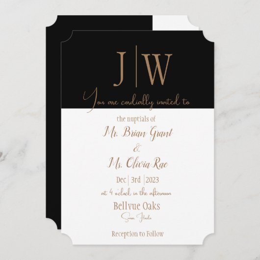 エレガント黒、白、および金ゴールド結婚式招待状 招待状 (正面/裏面)