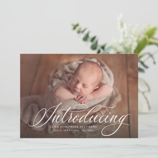 エレガント1枚のフォトピンク誕生を紹介する台本 案内状 (スタンド正面)