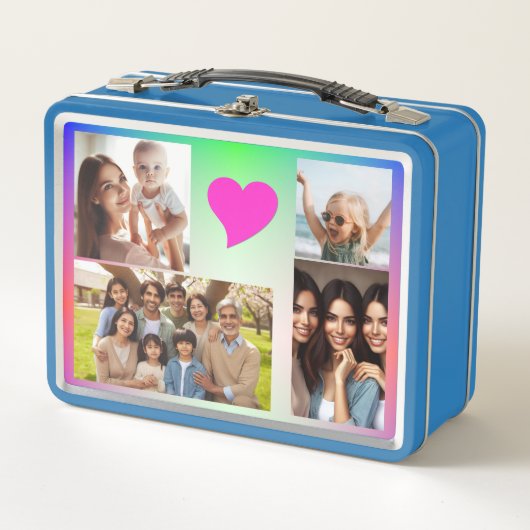 エレガント10カスタム – フォトピンク紫ハートレインボー メタルランチボックス (正面)