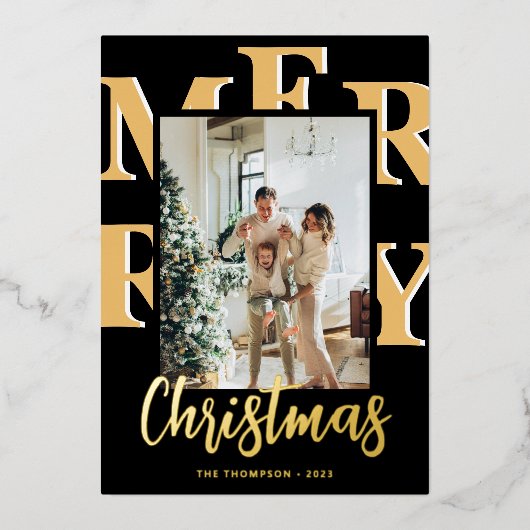 エレガント2モダン枚フォトメリークリスマススクリプト 箔シーズンカード (正面)