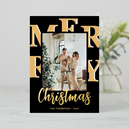 エレガント2モダン枚フォトメリークリスマススクリプト 箔シーズンカード (立ち正面)