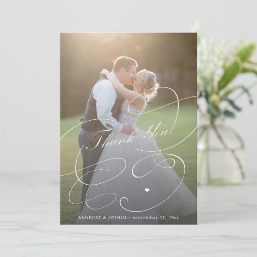 エレガント2枚の写真の書道の結婚台本 サンキューカード (スタンド正面)